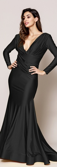 V neckline long sleeve stretch fabric long dress - Picture 5 of 8